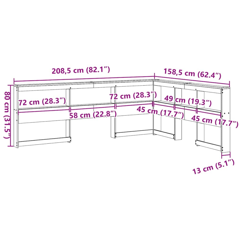 Kopfteil mit Bücherregal L-Form 140 cm Massivholz Kiefer