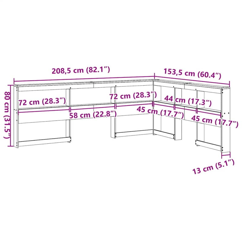 Kopfteil mit bücherregal L-form wachsbraun 135 cm massivholz