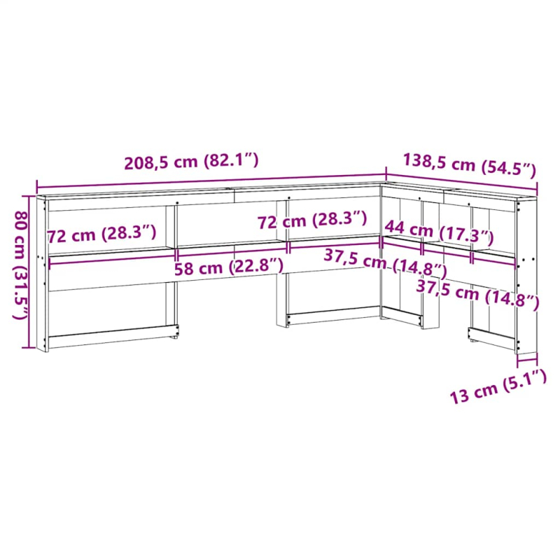 Kopfteil mit Bücherregal L-Form Weiß 120 cm Massivholz Kiefer