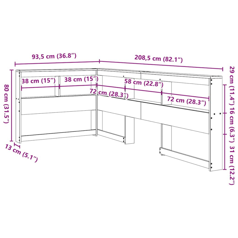 Kopfteil mit Bücherregal L-Form Wachsbraun 75 cm Massivholz