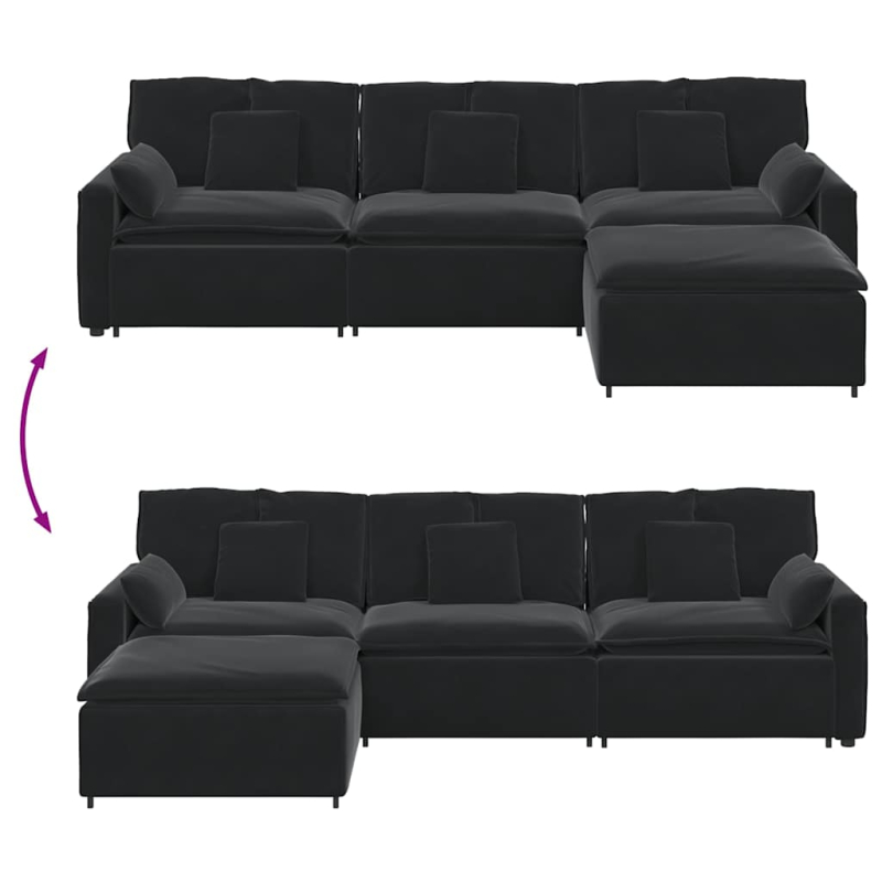 Modulares Sofa mit Fußhocker und Kissen Schwarz