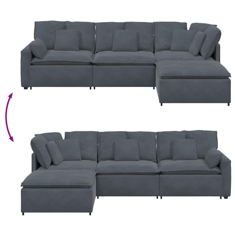 Modulares Sofa mit Fußhocker Kissen Samt Dunkelgrau