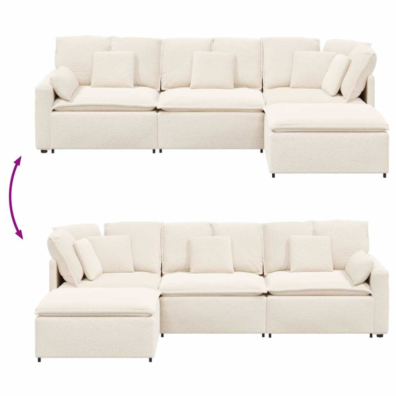 Modulares Sofa mit Hocker Kissen Stoff in Lammwolloptik Creme