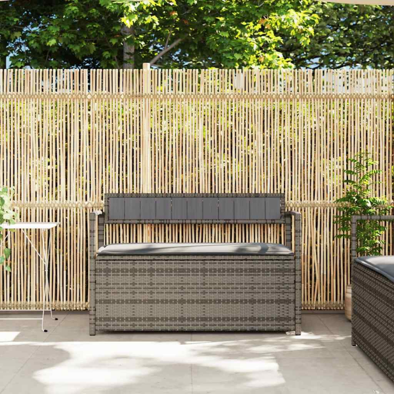 Gartenbank mit Stauraum und Kissen Grau Poly Rattan
