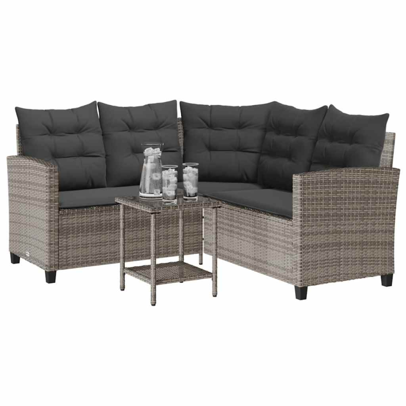 Gartensofa in L-Form mit Tisch und Kissen Grau Poly Rattan