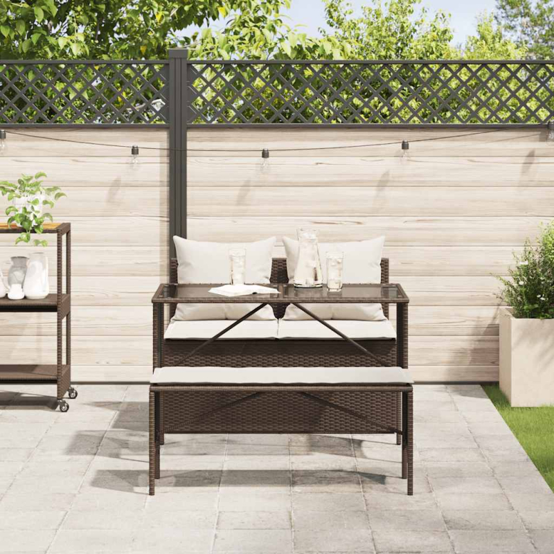 3-tlg. Garten-Essgruppe mit Kissen Braun Poly Rattan