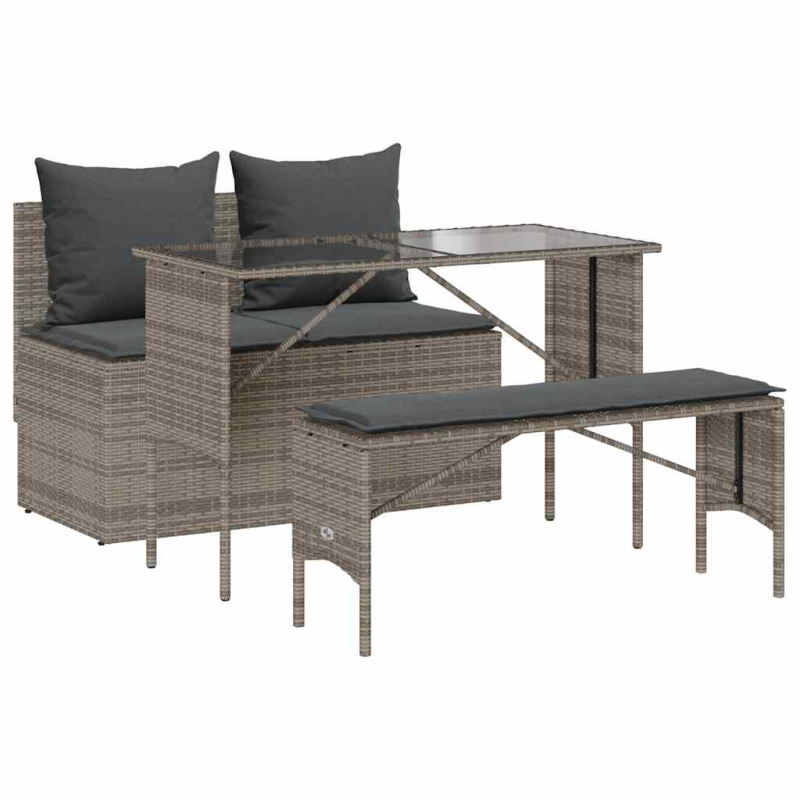 3-tlg. Garten-Essgruppe mit Kissen Grau Poly Rattan