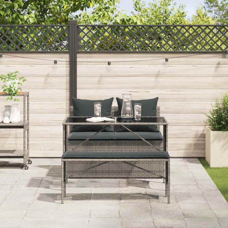 3-tlg. Garten-Essgruppe mit Kissen Grau Poly Rattan