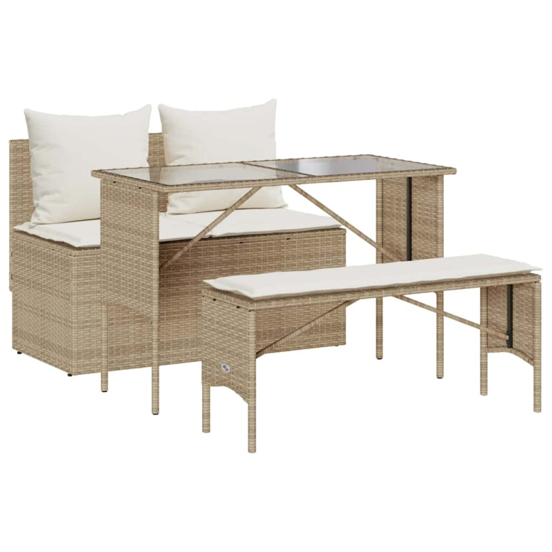 3-tlg. Garten-Essgruppe mit Kissen Beige Poly Rattan