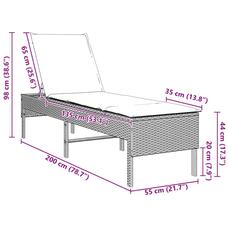 Sonnenliege mit Auflage Schwarz 55x200x44 cm Poly Rattan