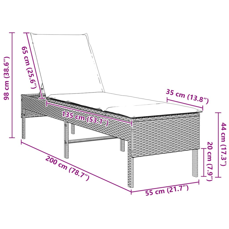Sonnenliege mit Auflage Grau 55x200x44 cm Poly Rattan