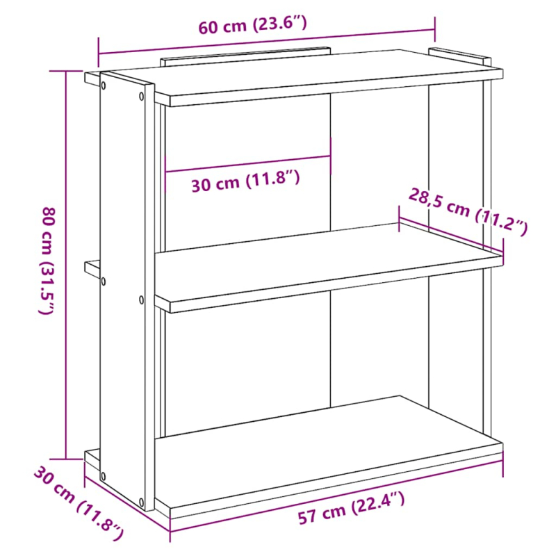 Bücherregal 3 Böden Braun Eichen-Optik 60x30x80cm Holzwerkstoff