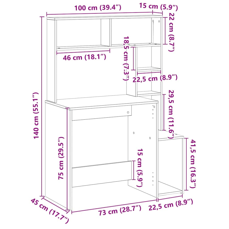 Schreibtisch mit Regal Grau Sonoma 100x45x140 cm Holzwerkstoff