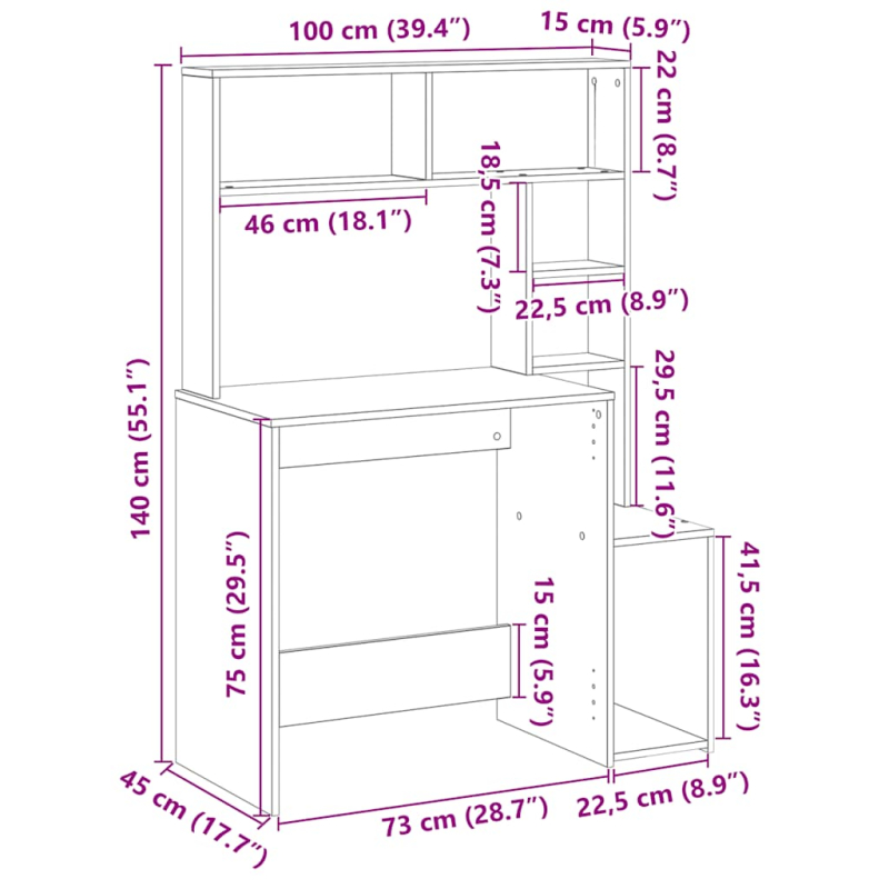 Schreibtisch mit Regal Braun Eichen-Optik 100x45x140 cm