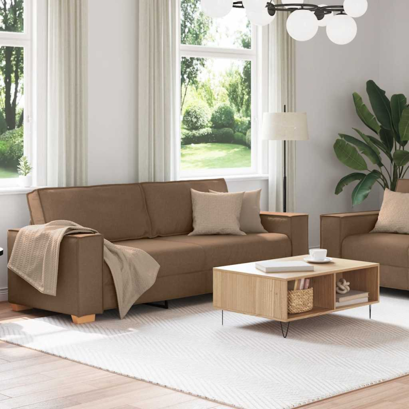 2-tlg. Sofagarnitur mit Kissen Braun Stoff
