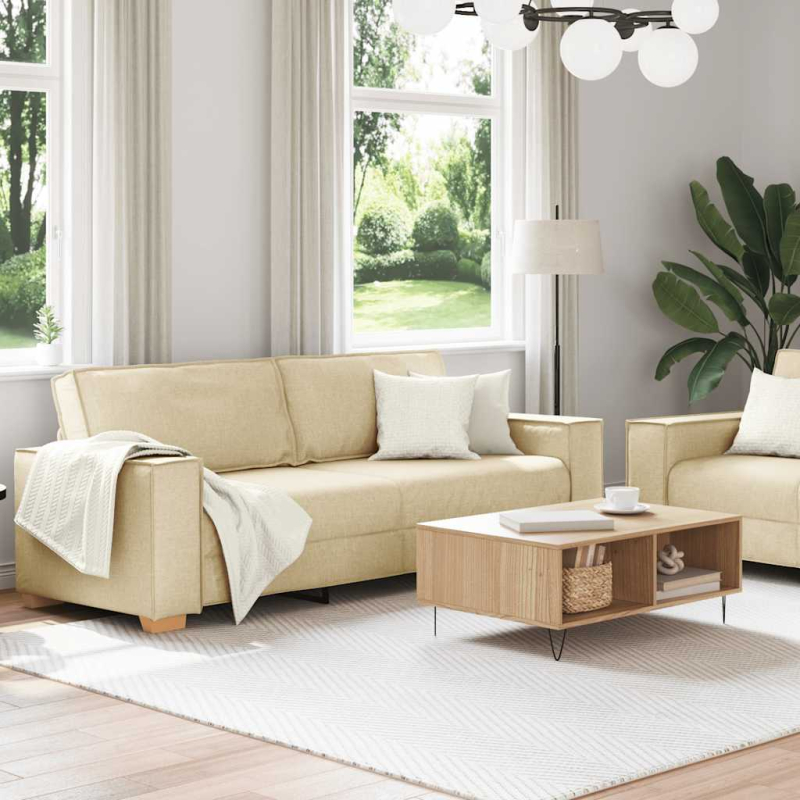 2-tlg. Sofagarnitur mit Kissen Creme Stoff
