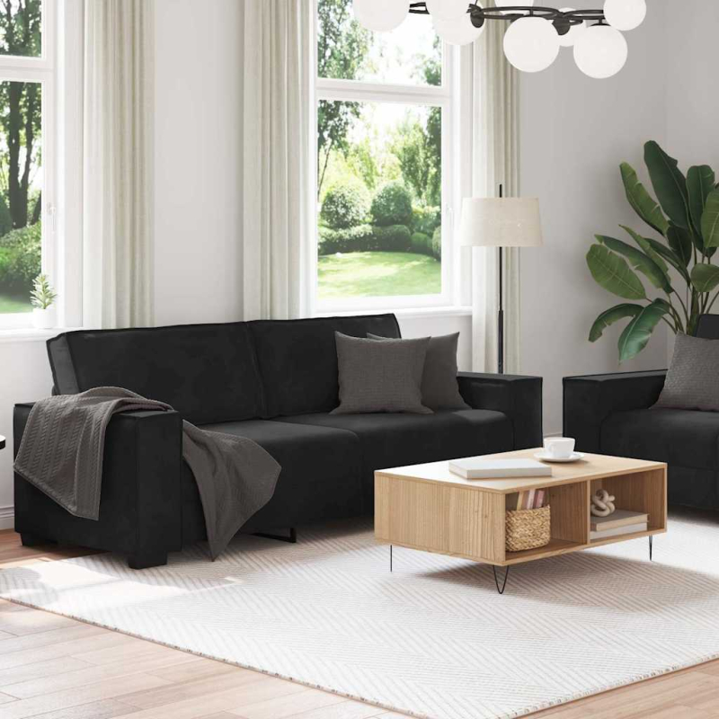 2-tlg. Sofagarnitur mit Kissen Schwarz Samt