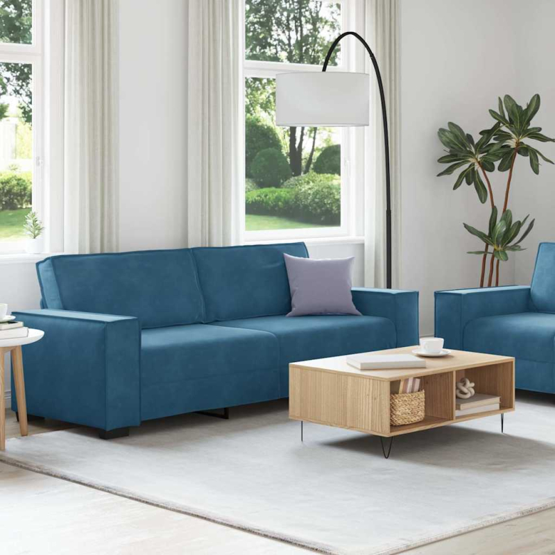 2-tlg. Sofagarnitur mit Kissen Blau Samt