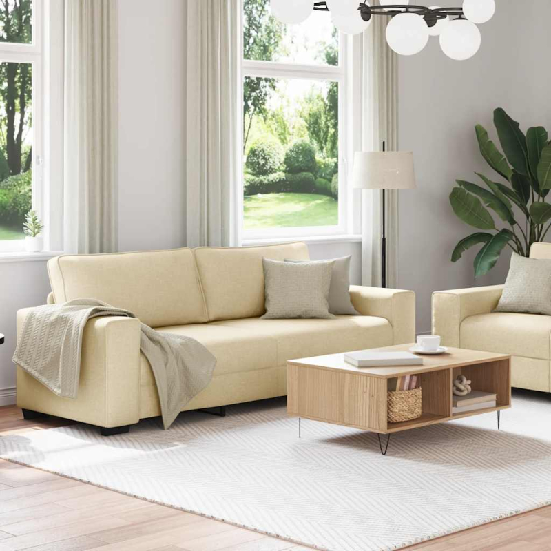 2-tlg. Sofagarnitur mit Kissen Creme Stoff