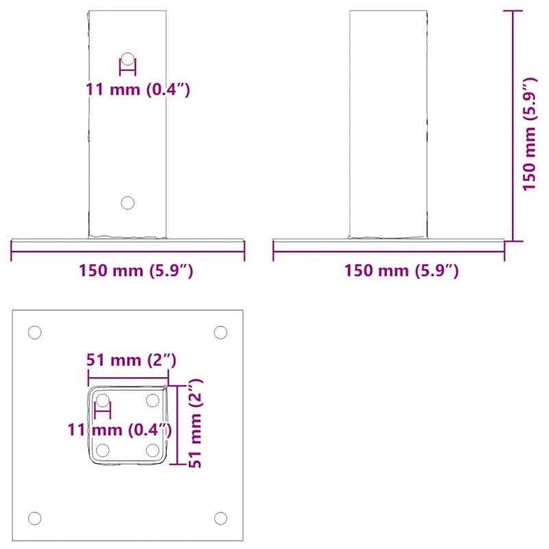 Pfostenträger Quadrat 4 Stk. 51x51 mm Pulverbeschichteter Stahl