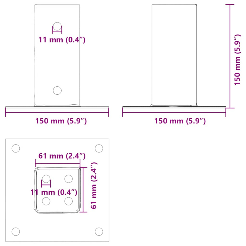 Pfostenträger Quadrat 4 Stk. 61x61 mm Pulverbeschichteter Stahl