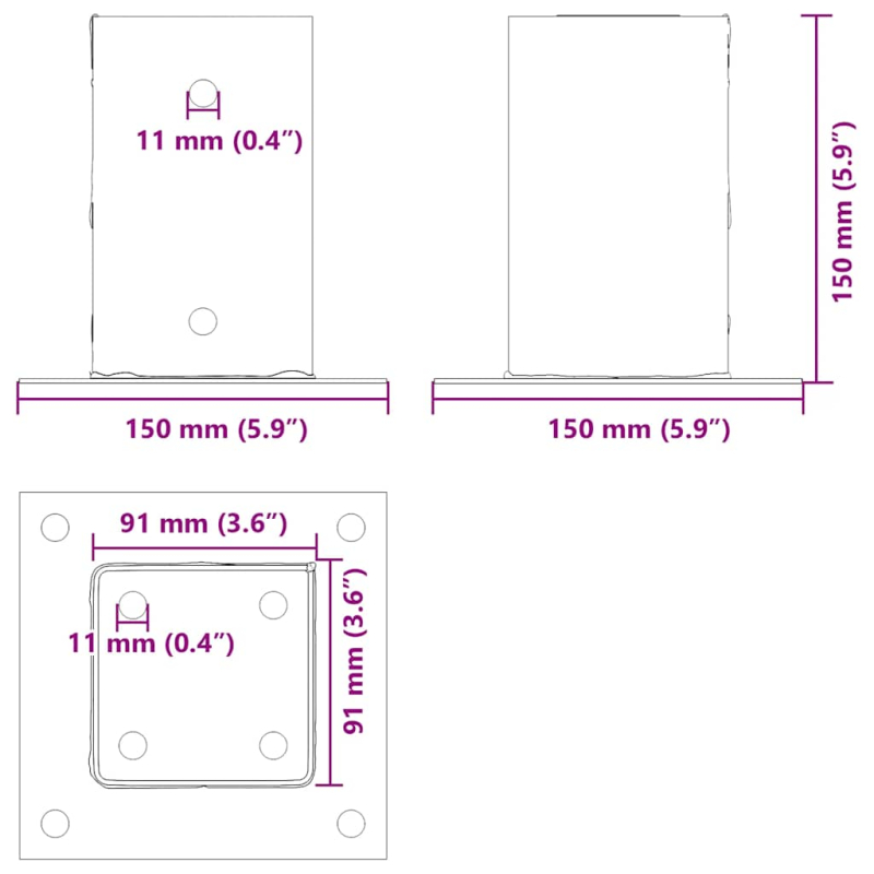 Pfostenträger Quadrat 4 Stk. 91x91 mm Pulverbeschichteter Stahl
