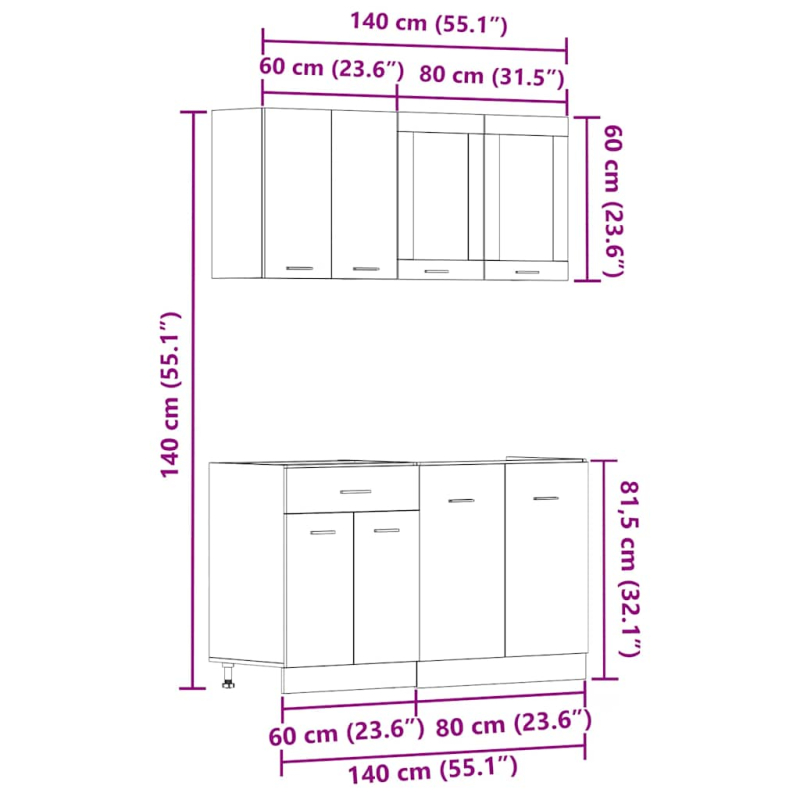 4-tlg. Küchenschrank-Set Lyon Artisan-Eiche Holzwerkstoff