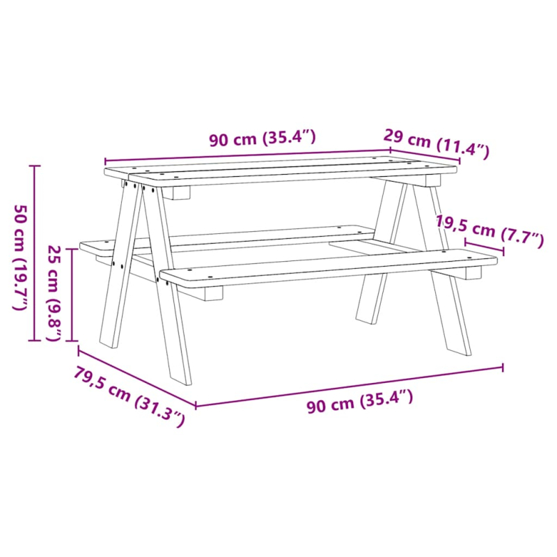 Kindertisch mit Bänken IRUN 90x79,5x50 cm Massivholz