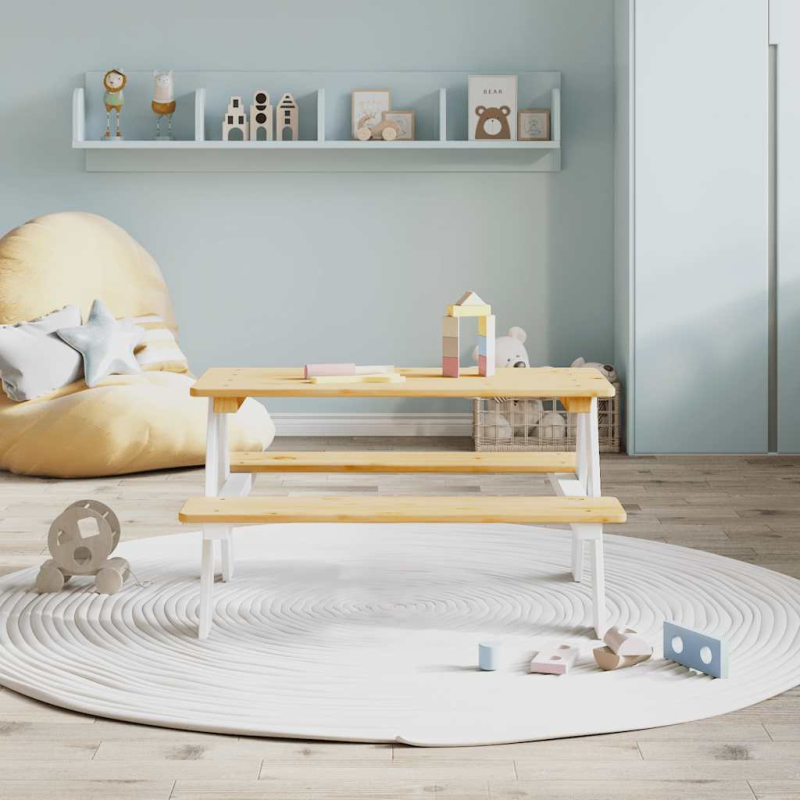 Kindertisch mit Bänken IRUN Weiß 90x79,5x50 cm Massivholz