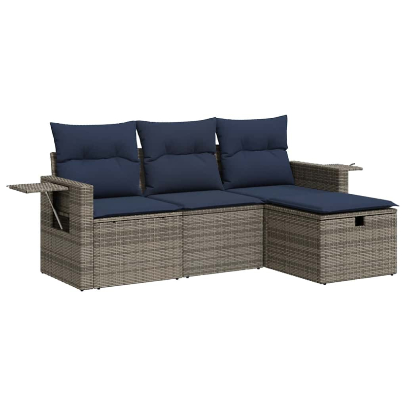 4-tlg. Garten-Sofagarnitur mit Kissen Grau Poly Rattan