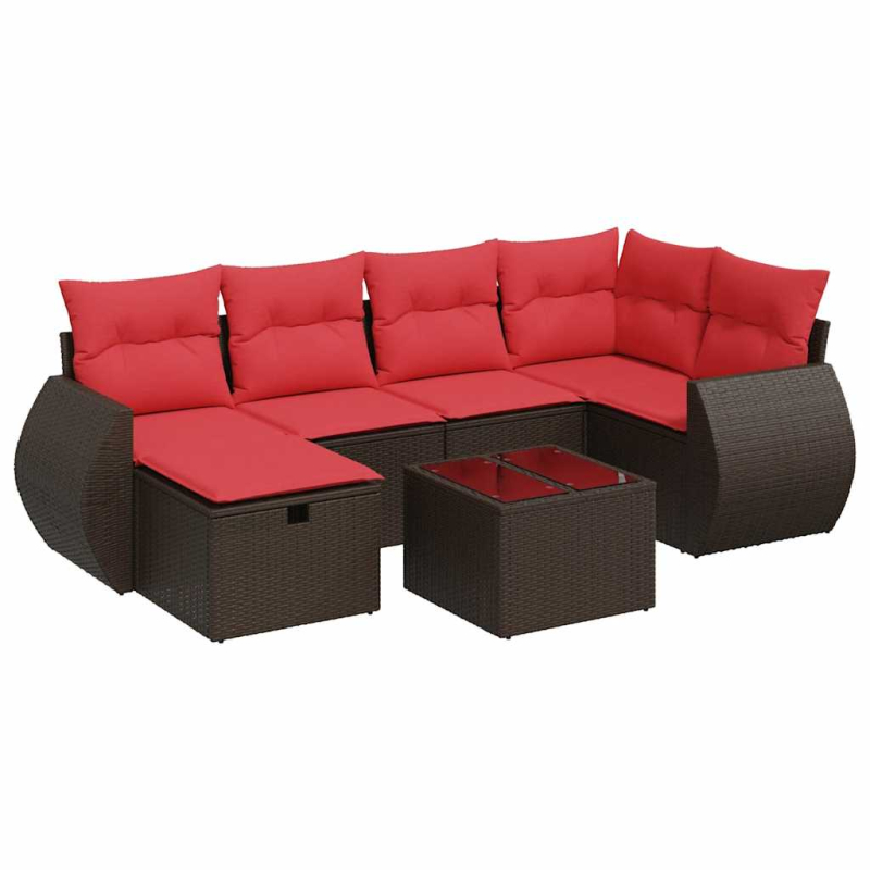 7-tlg. Garten-Sofagarnitur mit Kissen Braun Poly Rattan