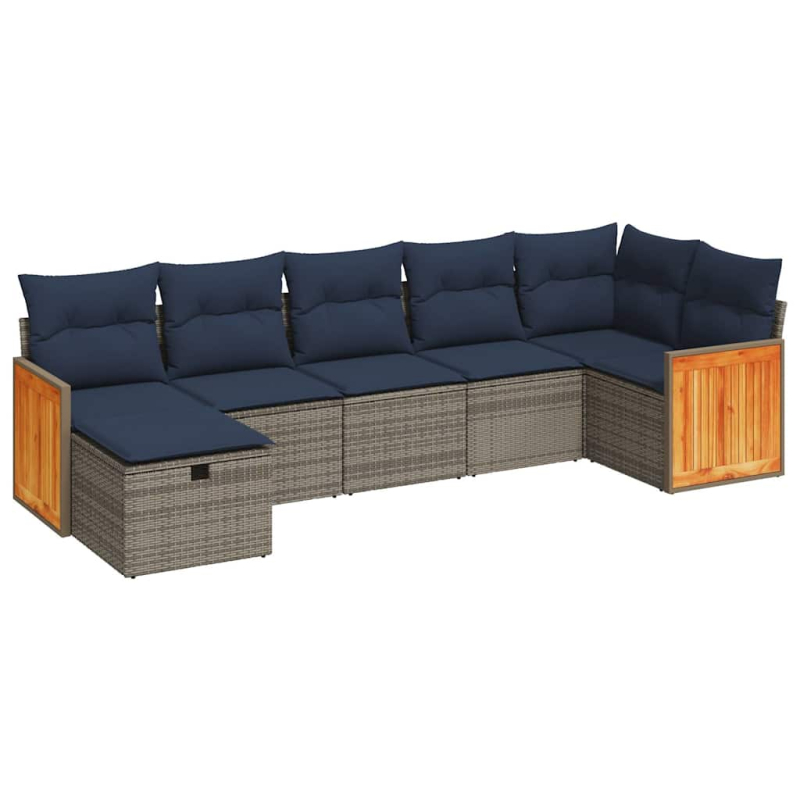 7-tlg. Garten-Sofagarnitur mit Kissen Grau Poly Rattan