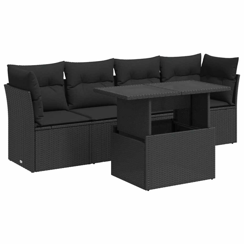 5-tlg. Garten-Sofagarnitur mit Kissen Schwarz Poly Rattan