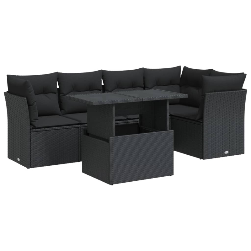 6-tlg. Garten-Sofagarnitur mit Kissen Schwarz Poly Rattan