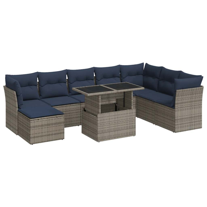 9-tlg. Garten-Sofagarnitur mit Kissen Grau Poly Rattan Akazie