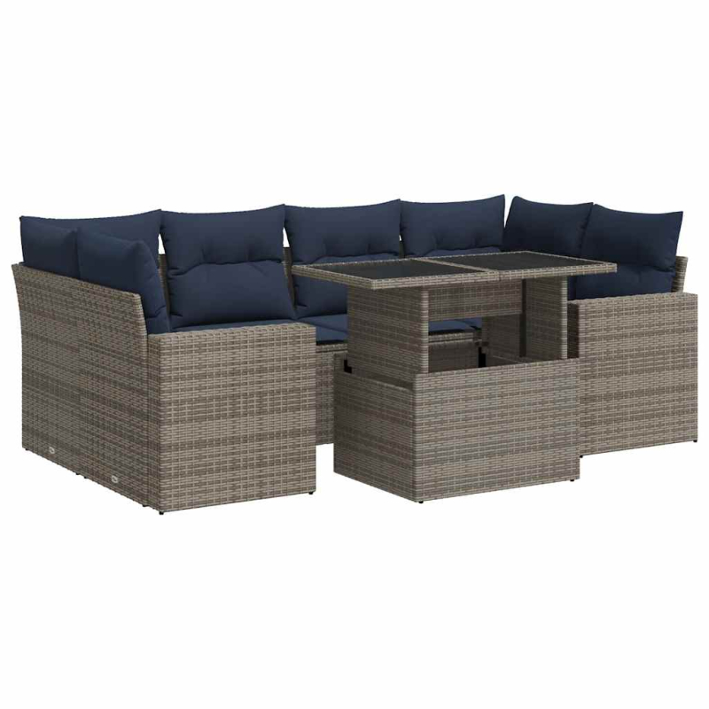 7-tlg. Garten-Sofagarnitur mit Kissen Grau Poly Rattan Akazie