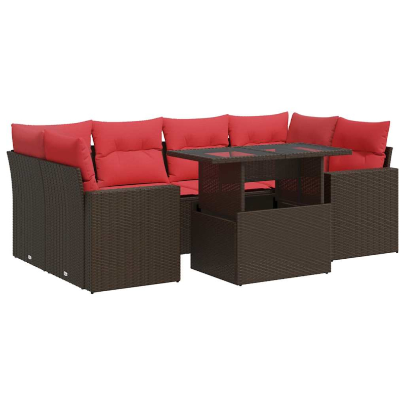 7-tlg. Garten-Sofagarnitur mit Kissen Braun Poly Rattan Akazie