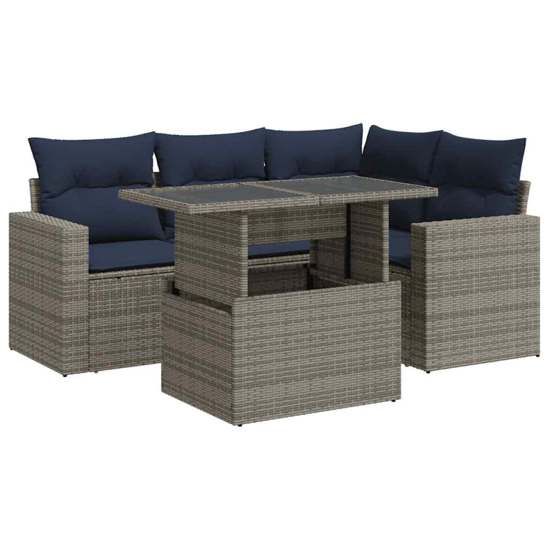 5-tlg. Garten-Sofagarnitur mit Kissen Grau Poly Rattan Akazie