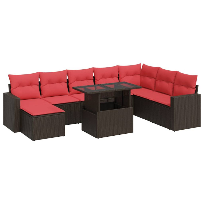 9-tlg. Garten-Sofagarnitur mit Kissen Braun Poly Rattan Akazie