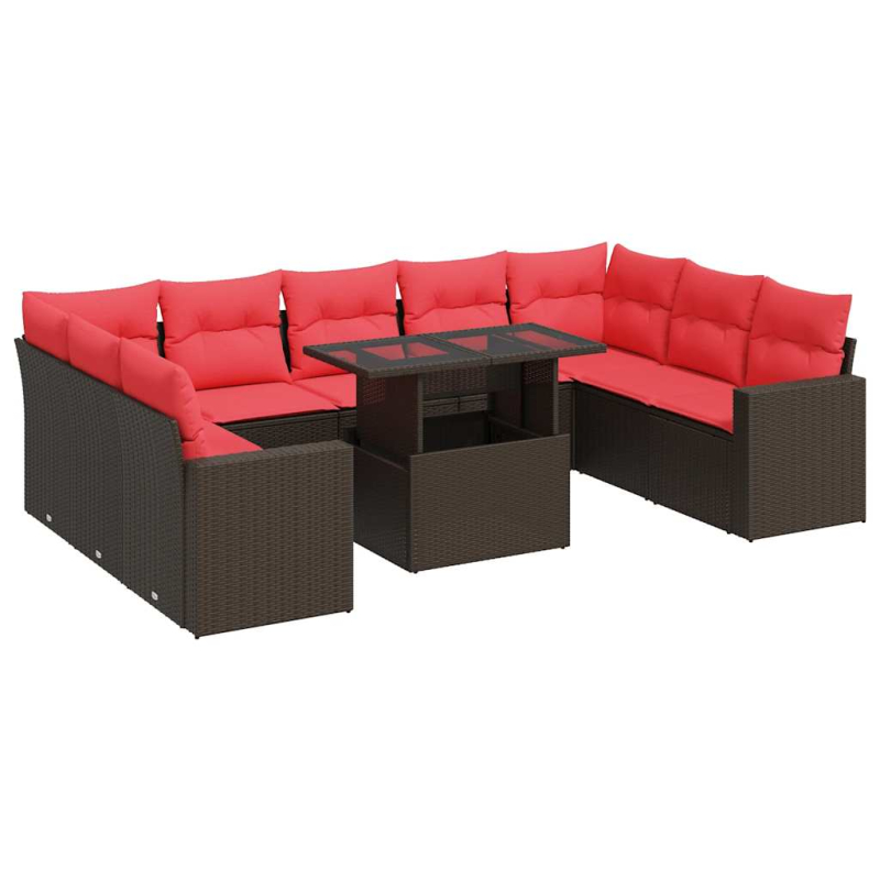 10-tlg. Garten-Sofagarnitur mit Kissen Braun Poly Rattan Akazie