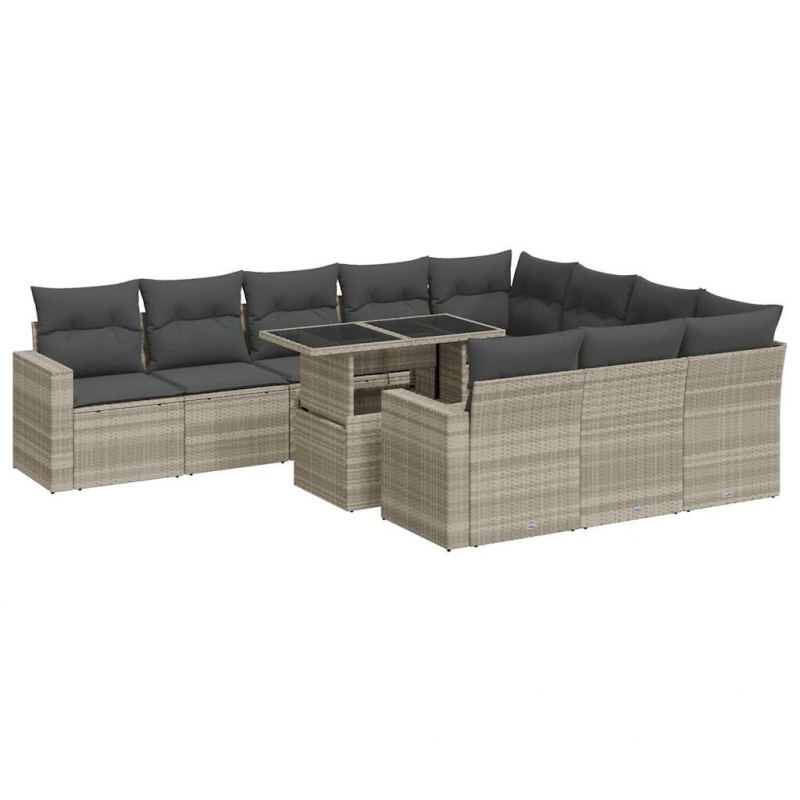 11-tlg. Garten-Sofagarnitur mit Kissen Hellgrau Poly Rattan