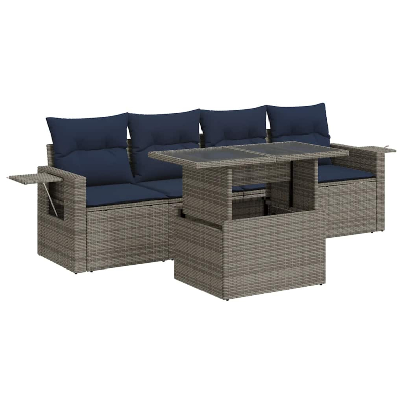 5tlg. Garten-Sofagarnitur mit Kissen Schwarz Poly Rattan Akazie