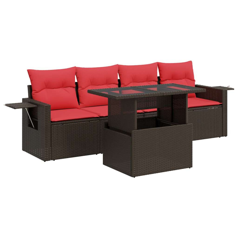 5-tlg. Garten-Sofagarnitur mit Kissen Grau Poly Rattan Akazie