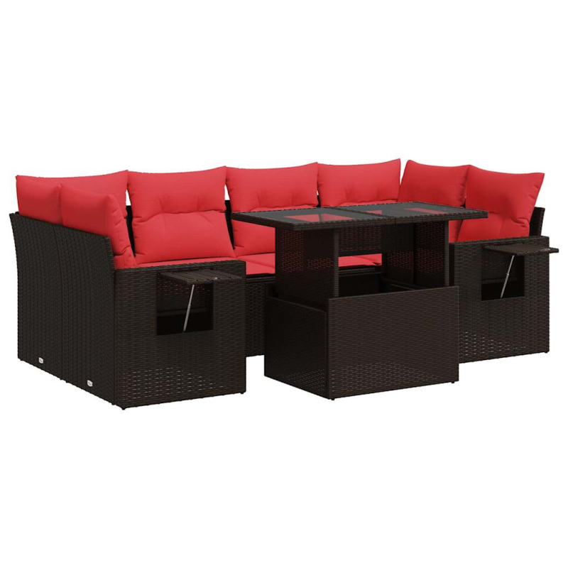 7-tlg. Garten-Sofagarnitur mit Kissen Grau Poly Rattan Akazie