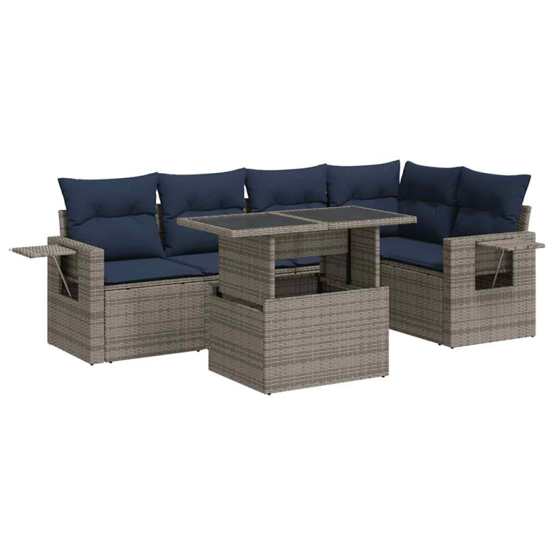 6-tlg. Garten-Sofagarnitur mit Kissen Grau Poly Rattan Akazie