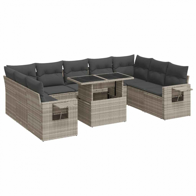 10-tlg. Garten-Sofagarnitur mit Kissen Hellgrau Poly Rattan