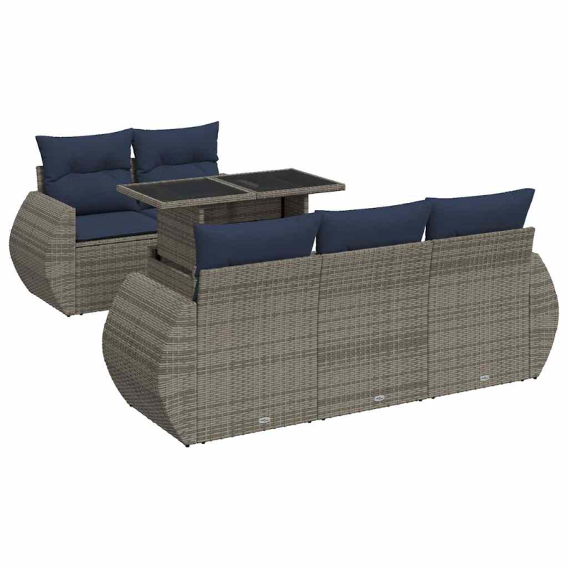 6-tlg. Garten-Sofagarnitur mit Kissen Grau Poly Rattan Akazie