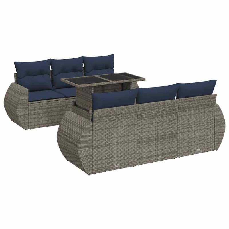 7-tlg. Garten-Sofagarnitur mit Kissen Grau Poly Rattan Akazie