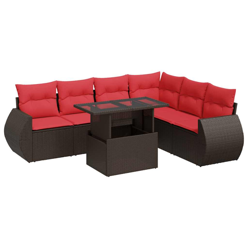 7-tlg. Garten-Sofagarnitur mit Kissen Braun Poly Rattan Akazie