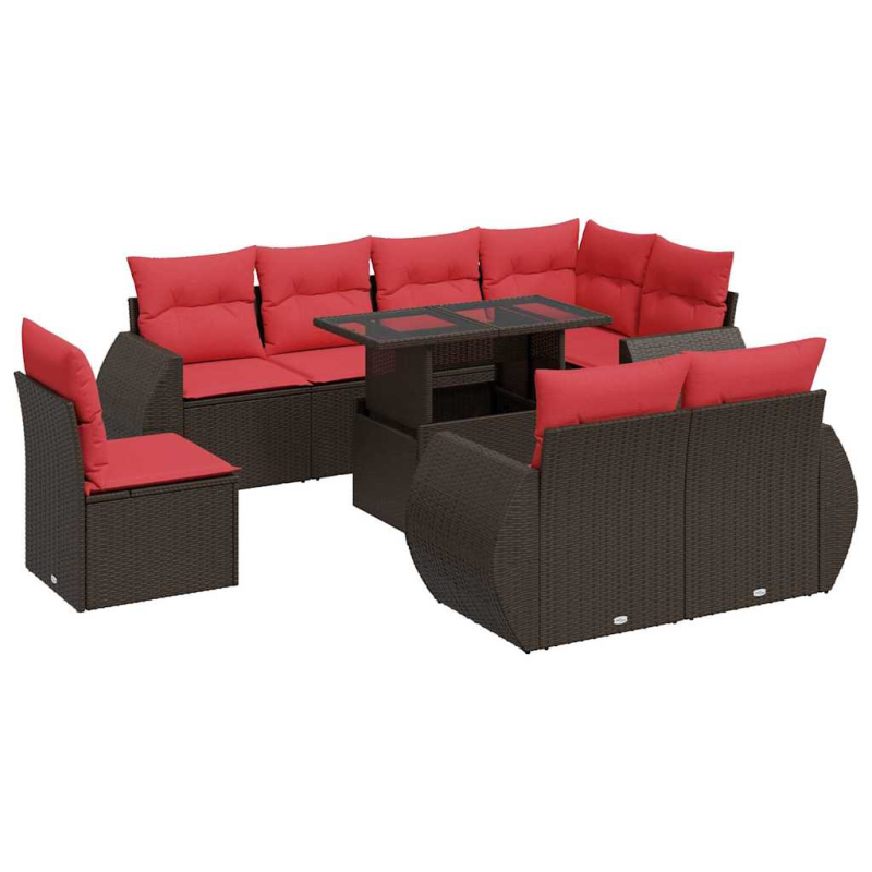 9-tlg. Garten-Sofagarnitur mit Kissen Braun Poly Rattan Akazie